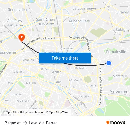 Bagnolet to Levallois-Perret map
