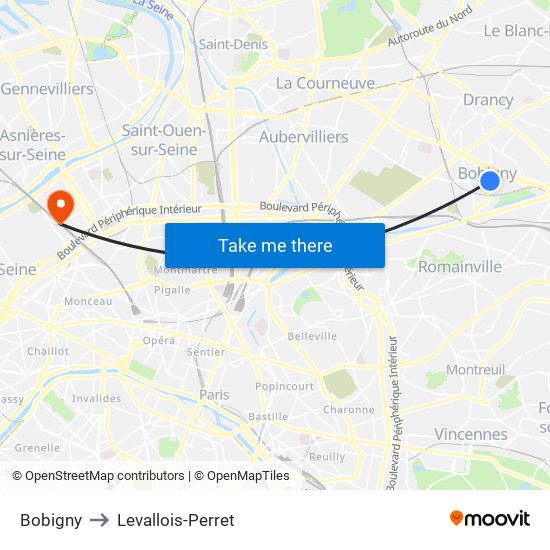 Bobigny to Levallois-Perret map