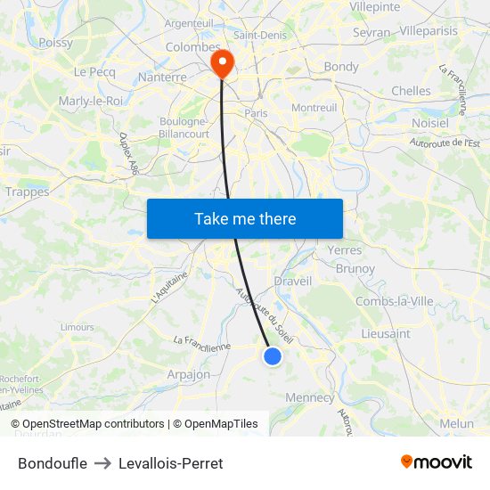 Bondoufle to Levallois-Perret map