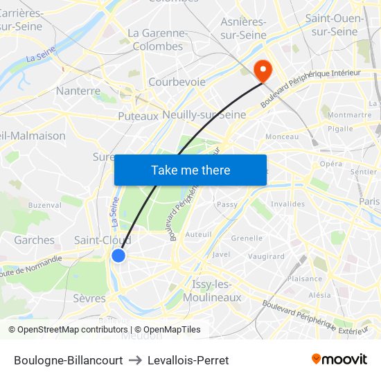 Boulogne-Billancourt to Levallois-Perret map