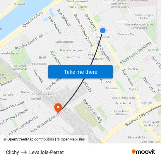 Clichy to Levallois-Perret map