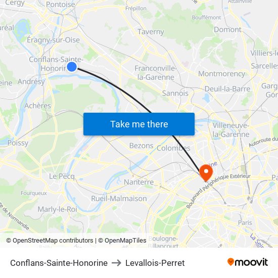 Conflans-Sainte-Honorine to Levallois-Perret map
