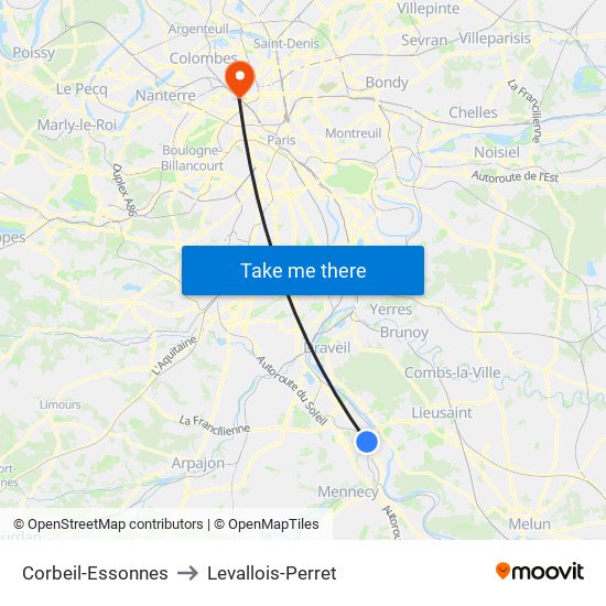 Corbeil-Essonnes to Levallois-Perret map