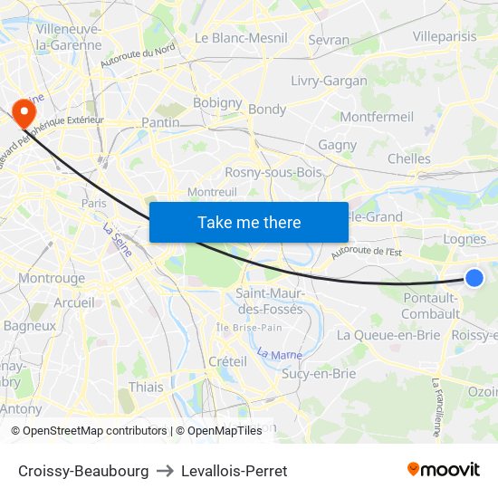 Croissy-Beaubourg to Levallois-Perret map