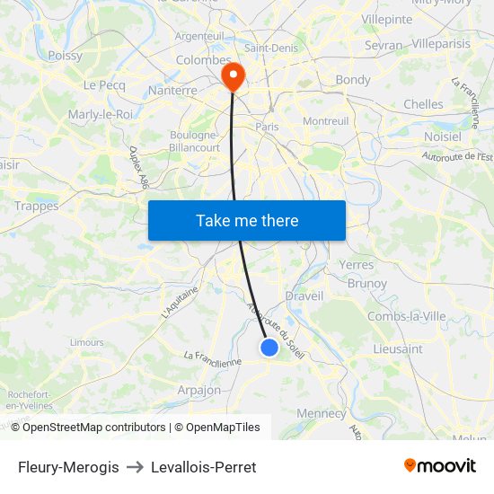 Fleury-Merogis to Levallois-Perret map