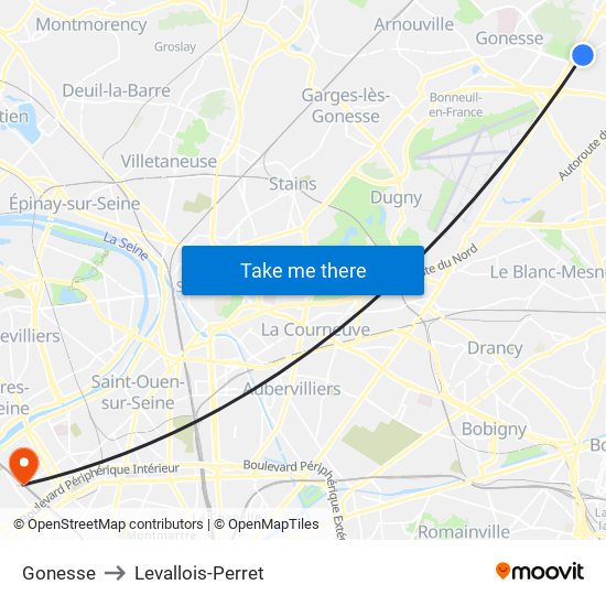Gonesse to Levallois-Perret map