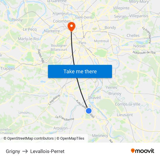 Grigny to Levallois-Perret map