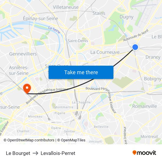 Le Bourget to Levallois-Perret map