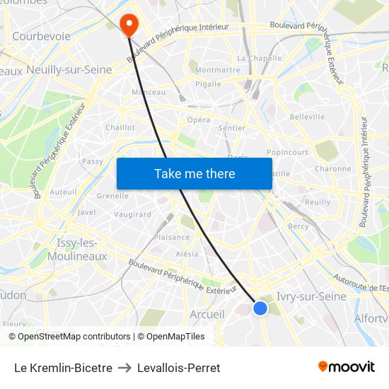 Le Kremlin-Bicetre to Levallois-Perret map