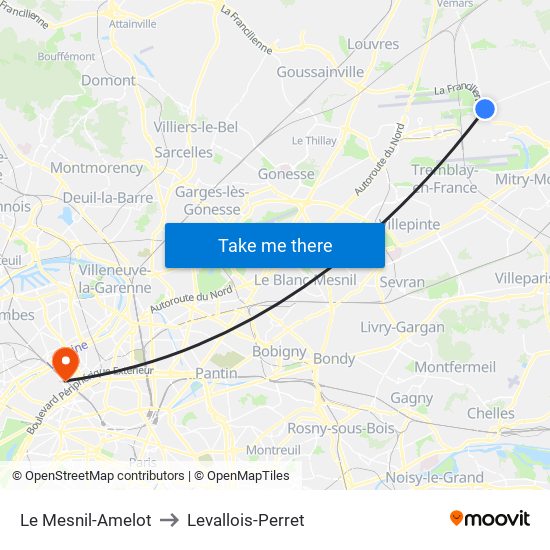 Le Mesnil-Amelot to Levallois-Perret map