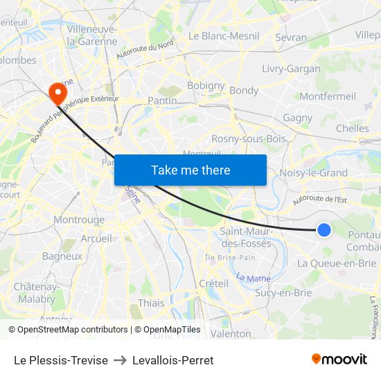 Le Plessis-Trevise to Levallois-Perret map