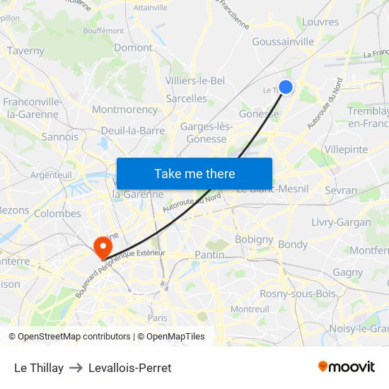 Le Thillay to Levallois-Perret map