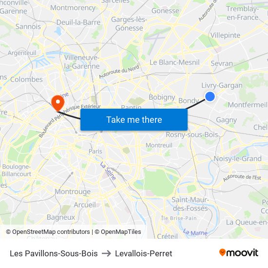 Les Pavillons-Sous-Bois to Levallois-Perret map