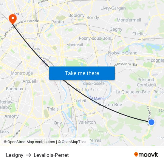 Lesigny to Levallois-Perret map