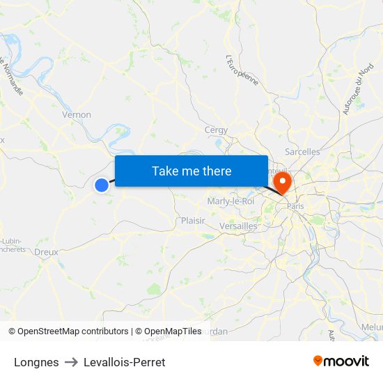 Longnes to Levallois-Perret map
