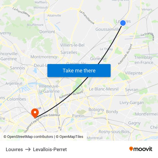 Louvres to Levallois-Perret map