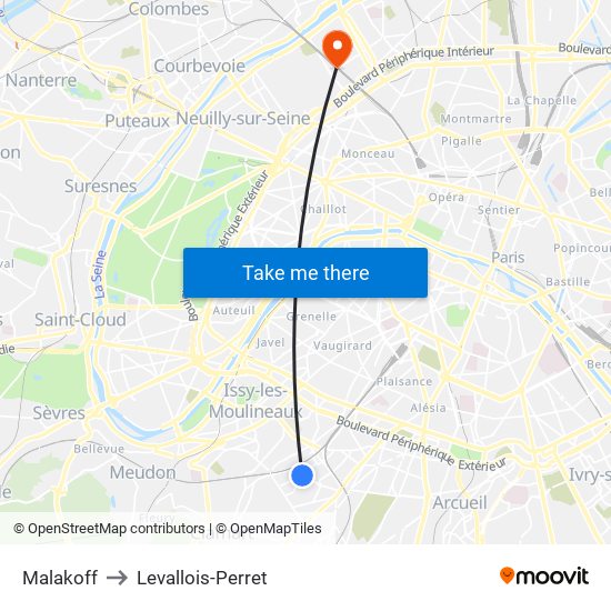 Malakoff to Levallois-Perret map