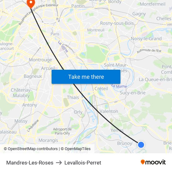 Mandres-Les-Roses to Levallois-Perret map