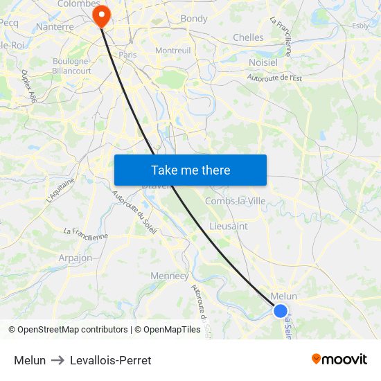 Melun to Levallois-Perret map