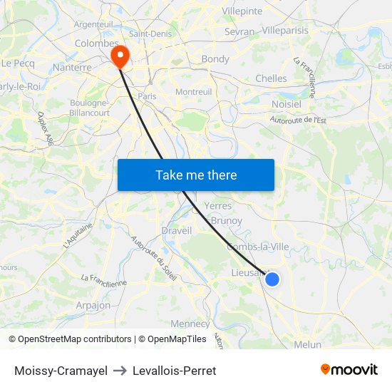 Moissy-Cramayel to Levallois-Perret map