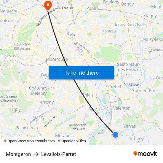Montgeron to Levallois-Perret map