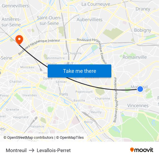 Montreuil to Levallois-Perret map