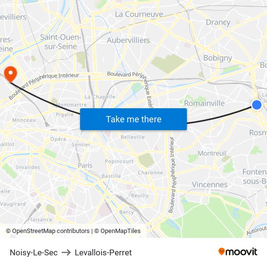 Noisy-Le-Sec to Levallois-Perret map