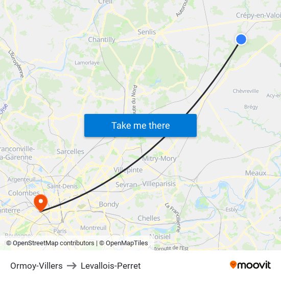 Ormoy-Villers to Levallois-Perret map