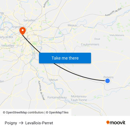 Poigny to Levallois-Perret map