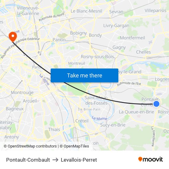 Pontault-Combault to Levallois-Perret map