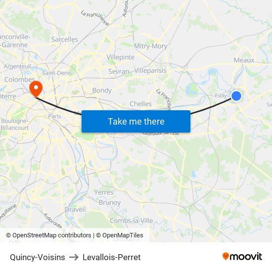 Quincy-Voisins to Levallois-Perret map