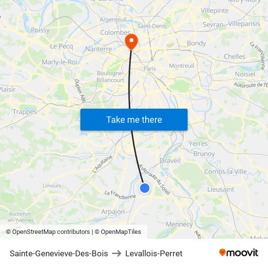 Sainte-Genevieve-Des-Bois to Levallois-Perret map
