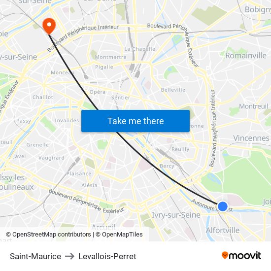Saint-Maurice to Levallois-Perret map