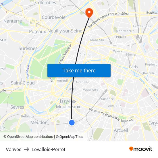 Vanves to Levallois-Perret map