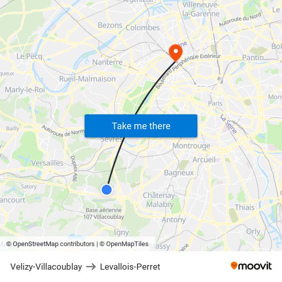 Velizy-Villacoublay to Levallois-Perret map