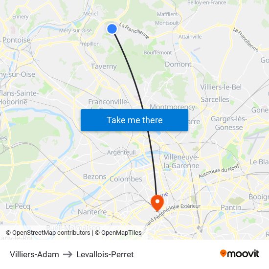 Villiers-Adam to Levallois-Perret map