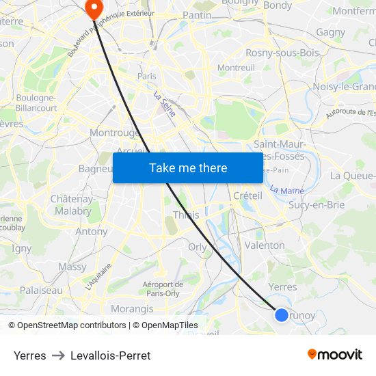 Yerres to Levallois-Perret map