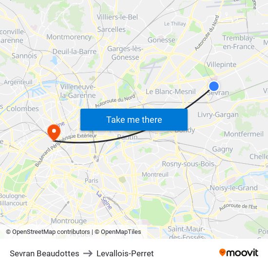 Sevran Beaudottes to Levallois-Perret map