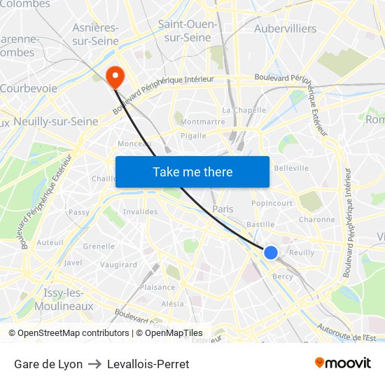 Gare de Lyon to Levallois-Perret map