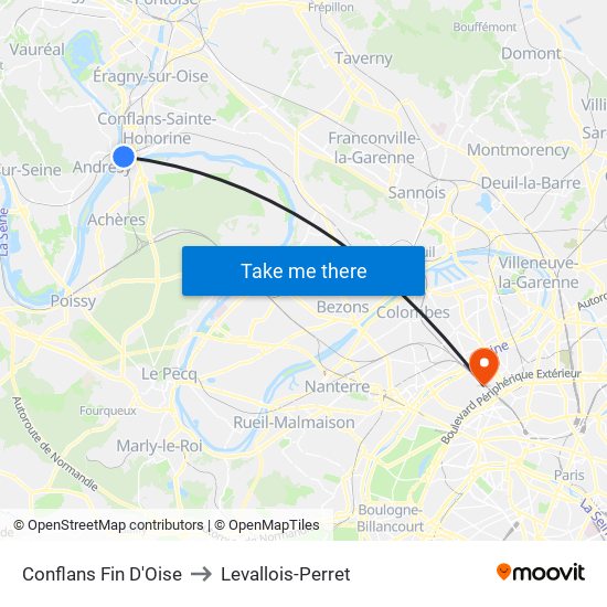 Conflans Fin D'Oise to Levallois-Perret map