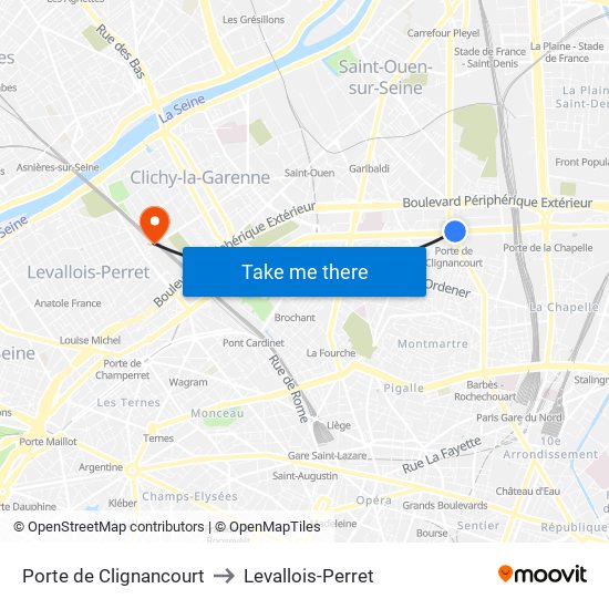 Porte de Clignancourt to Levallois-Perret map