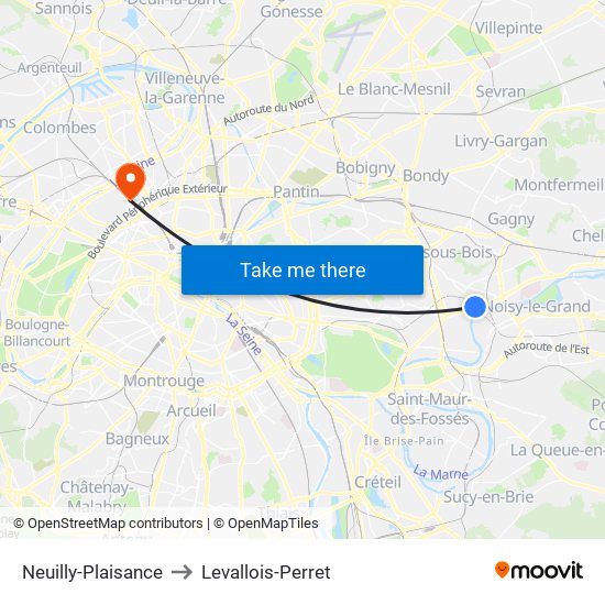 Neuilly-Plaisance to Levallois-Perret map