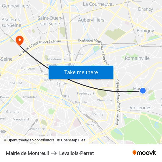 Mairie de Montreuil to Levallois-Perret map