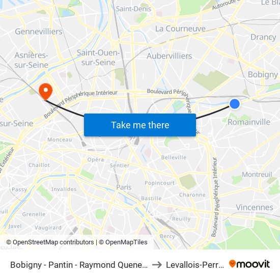Bobigny - Pantin - Raymond Queneau to Levallois-Perret map