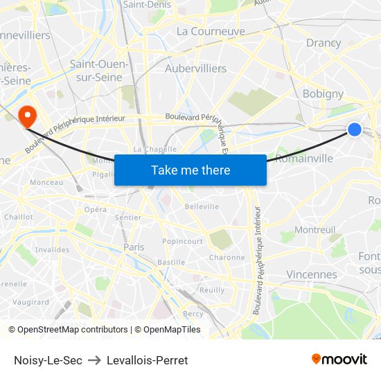 Noisy-Le-Sec to Levallois-Perret map