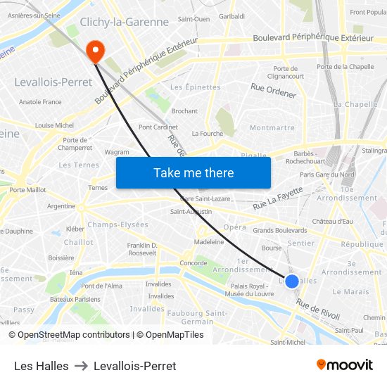 Les Halles to Levallois-Perret map