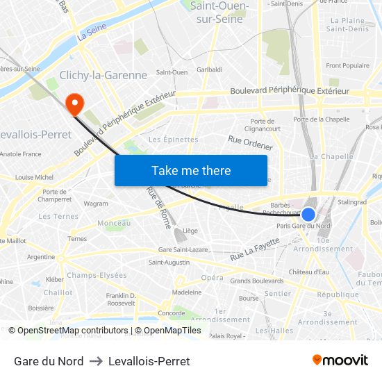 Gare du Nord to Levallois-Perret map