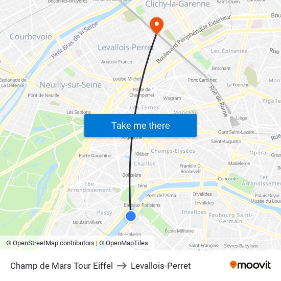 Champ de Mars Tour Eiffel to Levallois-Perret map