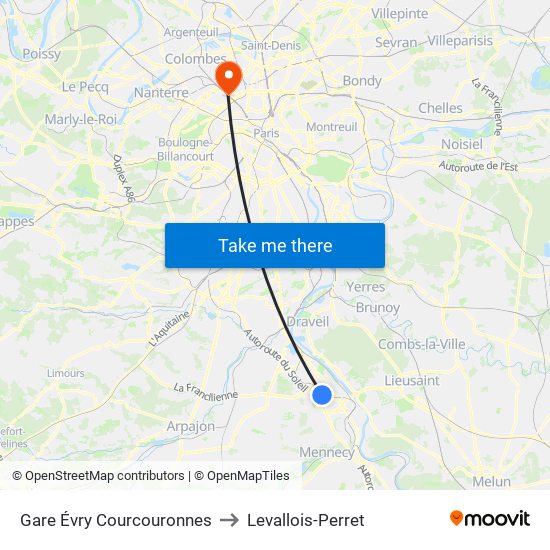 Gare Évry Courcouronnes to Levallois-Perret map