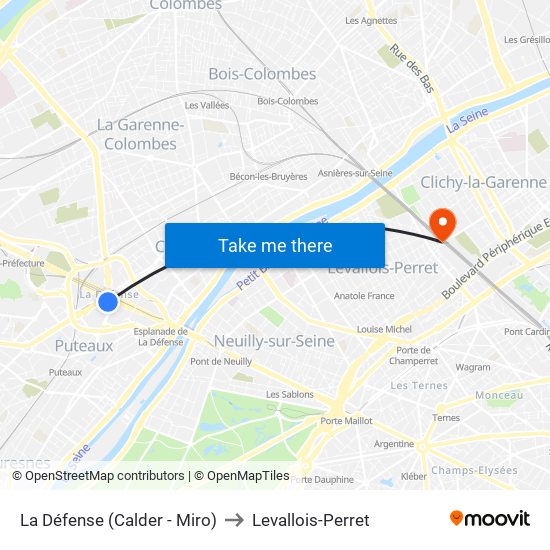 La Défense (Calder - Miro) to Levallois-Perret map